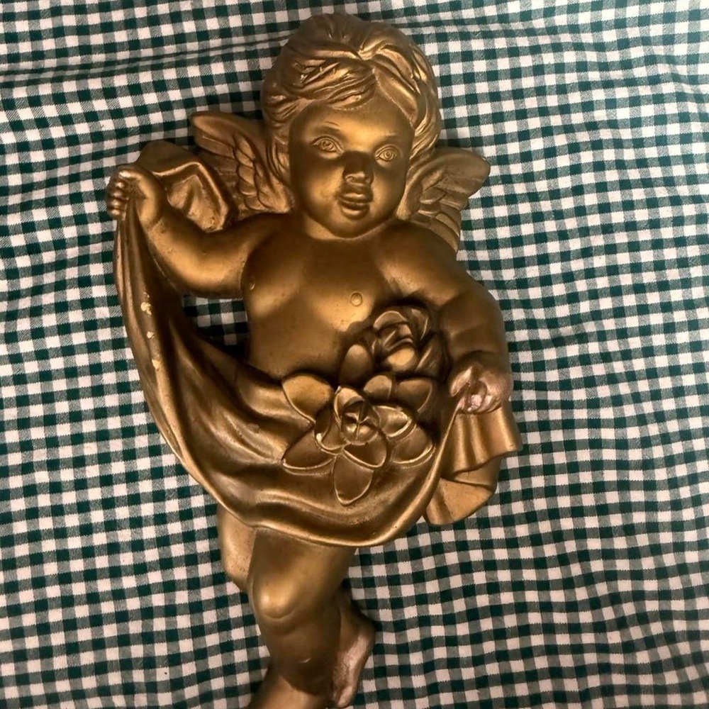 VTG 60's Miller Studios Gold Chalkware Cherub Angel w Flower Sash Plaque MCM